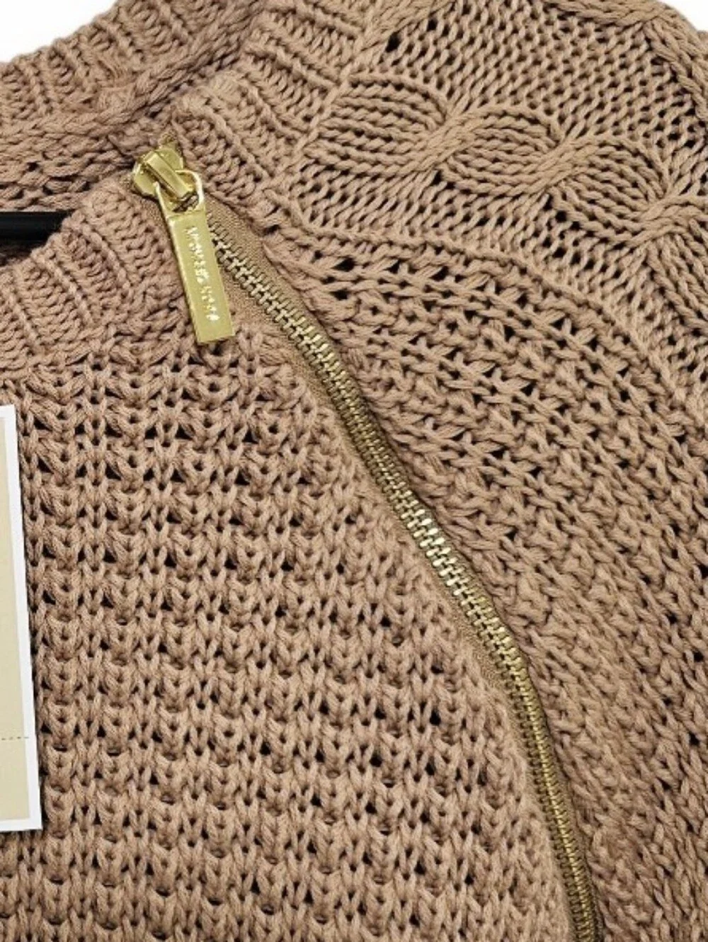 Michael Kors Dark Camel Heavy Knit Sweater Zipper Detail NWT Size XL